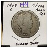 1909-S BARBER SILVER HALF DOLLAR SCARCE DATE