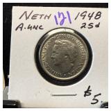 1948 NETHERLANDS BETTER 25 CENT PIECE