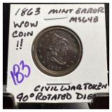 1863 CIVIL WAR TOKEN MINT ERROR ROTATED 90 DEG