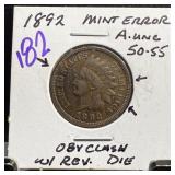 1892 INDIAN HEAD PENNY CENT OVB CLASH W REV DIE