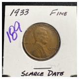 1933 WHEAT PENNY CENT SCARCE DATE
