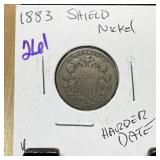1883 SHIELD NICKEL HARDER DATE