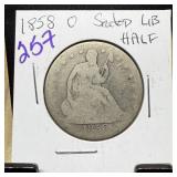 1858-O SEATED LIBERTY SILVER HALF DOLLAR