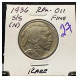 1936-S/S BUFFALO NICKEL RPM-011 RARE