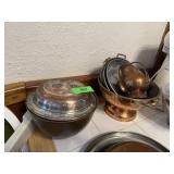 LOT OF MIXED COPPER COOKWARE SCUTTLE STRAINER+
