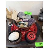 CINNABAR BOWL W GEMSTONES / MARBLE