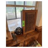 VINTAGE CARVED WOOD PANEL BOX IRON STRING HOLDER