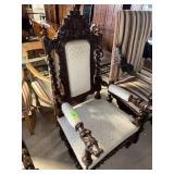 ANTIQUE OAK FIGURAL ARM BARLEY TWIST THRONE CHAIR