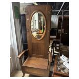 ANTIQUE OAK HALL TREE CHAIR W MIRROR & STORAGE