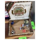 CIGAR BOX W MIXED COLLECTIBLES