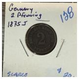 1875-J GERMANY 2 PFENNIG SCARCE DATE