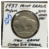 1937 BUFFALO NICKEL MINT ERROR H GRADE CLASHED DIE