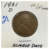 1931-D WHEAT PENNY CENT SCARCE DATE