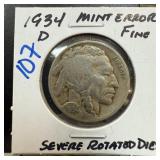 1934-D BUFFALO NICKEL SEVERE ROTATED DIE ERROR