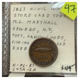 1863 CIVIL WAR STORE TOKEN ML MARSHALL OSWEGO NY