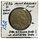 1936-D BUFFALO NICKEL ERROR DOUBLE STRUCK