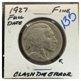 1927 BUFFALO NICKEL FULL DATE CLASHED DIE ERROR