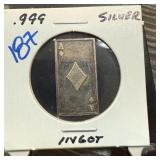 .999 SILVER BULLION INGOT ACE OF DIAMONDS