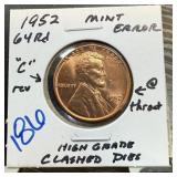 1952 WHEAT PENNY CENT HIGH GRADE CLASHED DIES