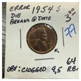 1954 WHEAT PENNY CENT ERROR DIE BREAKS CLOGGED