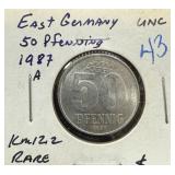1987-A EAST GERMANY 50 PFENNIG RARE 21,000 MINTAGE