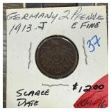 1913-J GERMANY 2 PFENNIG SCARCE DATE