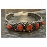LARGE STERLING SILVER RED CORAL CUFF BRACELET