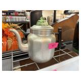 VINTAGE ALUMINUM TEAPOT W GREEN GLASS TOP