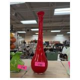 LARGE ART GLASS RED STRETCHED NECK VASE