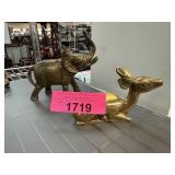 2PC BRASS ANIMALS TRUNK UP ELEPHANT & DEER