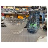 Clear Pressed Glass Bowl and Blue Glass Pitcher Se