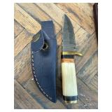 Damascus Steel Knife with Bone Handle and Sheath