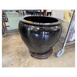 Large Black Ceramic Planter with Wooden Base