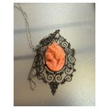 Silver-Tone Filigree Pendant Necklace wCoral Came