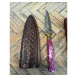 Custom Knife with Purple Handle and Leather Sheath