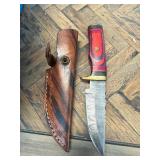 Damascus Steel Knife with Wooden Handle and Leathe