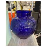 Blue Glass Vase with Floral Embossed Design