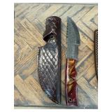Damascus Steel Fixed Blade Knife with Leather Shea