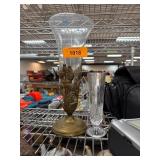 Glass Vase with Ornate Brass Base Featuring Floral