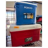 Two Igloo Coolers in Blue and Red