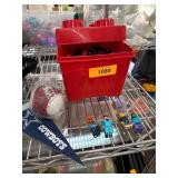 Red Plastic Toy Box with Assorted Toys