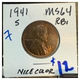 1941-S Lincoln Wheat Penny MS64 RB
