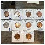 10 Lincoln Wheat and Memorial Pennies, 1947-1961