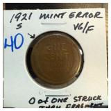 1921-S Lincoln Cent Mint Error Coin