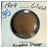 1909 Indian Head One Cent Coin, Scarce Date