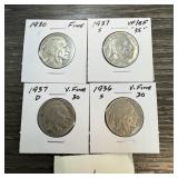 4PC MIXED DATE BUFFALO NICKELS