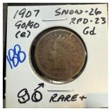 1907 90/90 INDIAN HEAD PENNY CENT