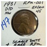 1931-D/D WHEAT PENNY CENT RPM-001 SCARCE DATE