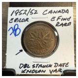 1952/52 CANADA CENT ERROR DOUBLE STRUCK