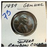 1939 WHEAT PENNY CENT GEM UNC RAINBOW COLOR